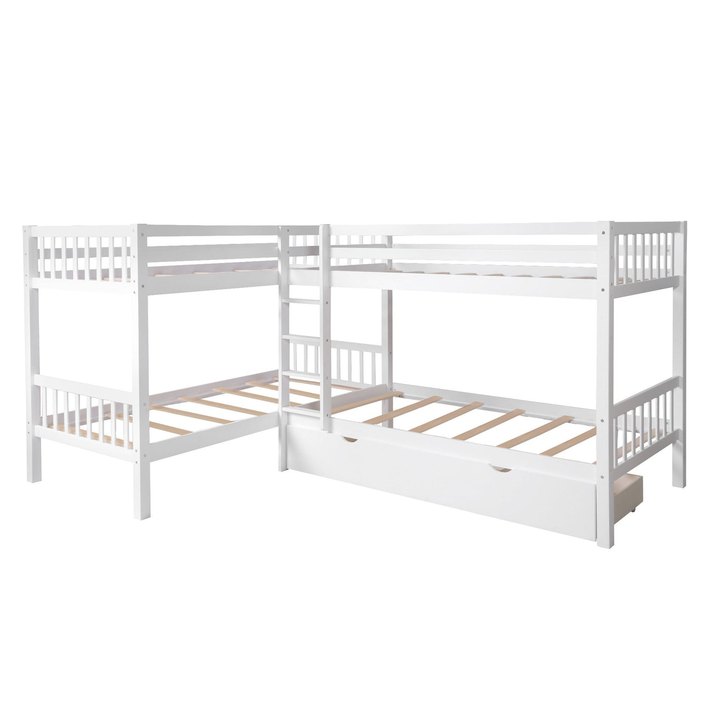 White Twin Size L Shaped Double Bunk Bed with Drawer - Bunk Beds