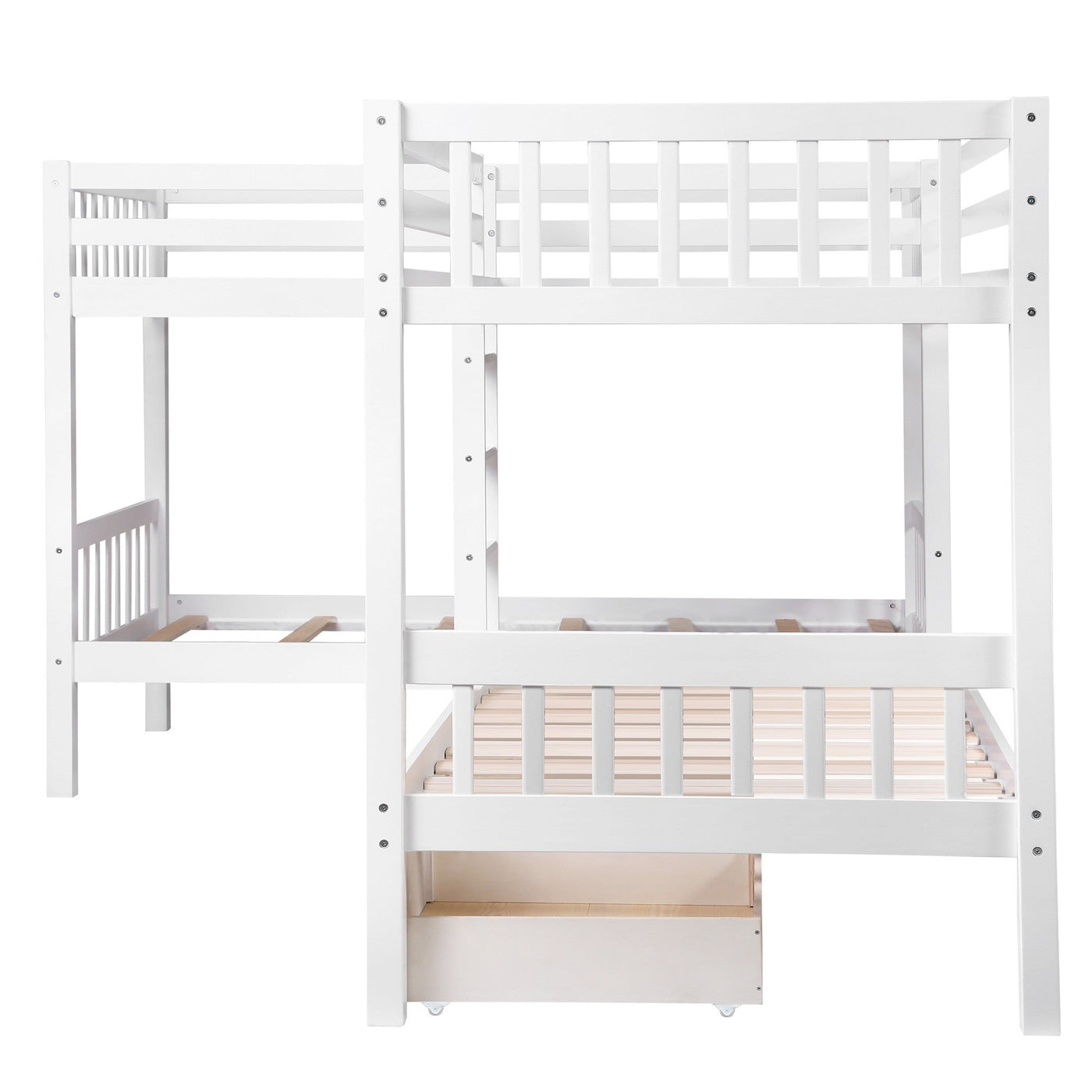 White Twin Size L Shaped Double Bunk Bed with Drawer - Bunk Beds