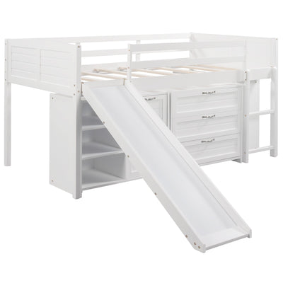 White Twin Size Low Loft Bed With Cabinets and Slide - Loft Beds