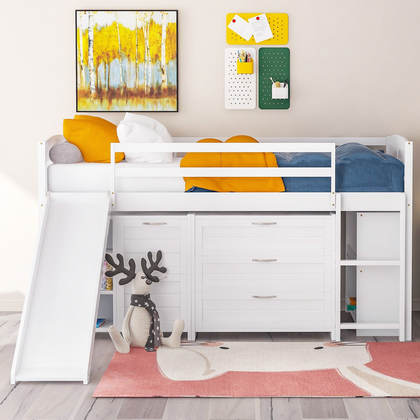 White Twin Size Low Loft Bed With Cabinets and Slide - Loft Beds