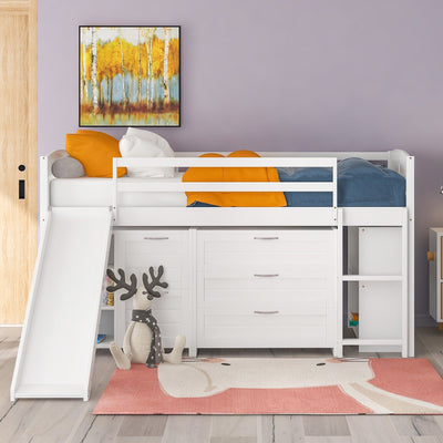 White Twin Size Low Loft Bed With Cabinets and Slide - Loft Beds