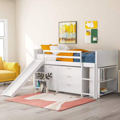 White Twin Size Low Loft Bed With Cabinets and Slide - Loft Beds