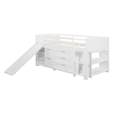 White Twin Size Low Loft Bed With Cabinets and Slide - Loft Beds