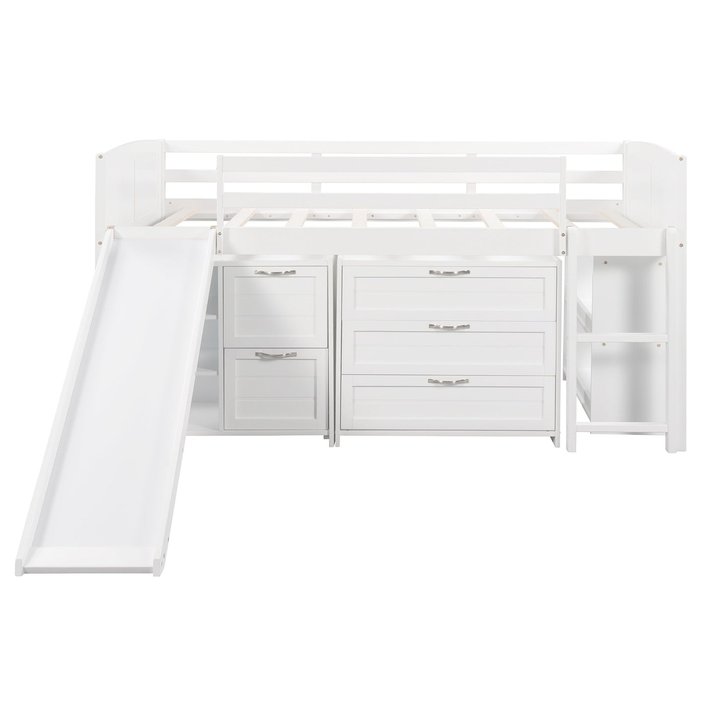 White Twin Size Low Loft Bed With Cabinets and Slide - Loft Beds