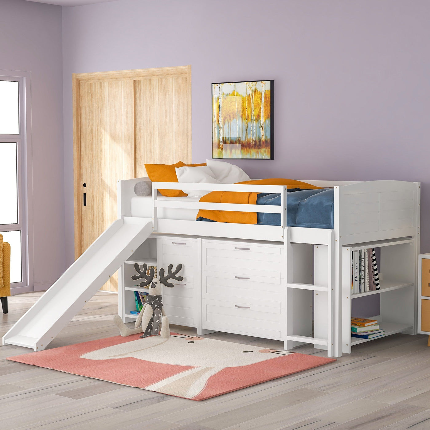 White Twin Size Low Loft Bed With Cabinets and Slide - Loft Beds