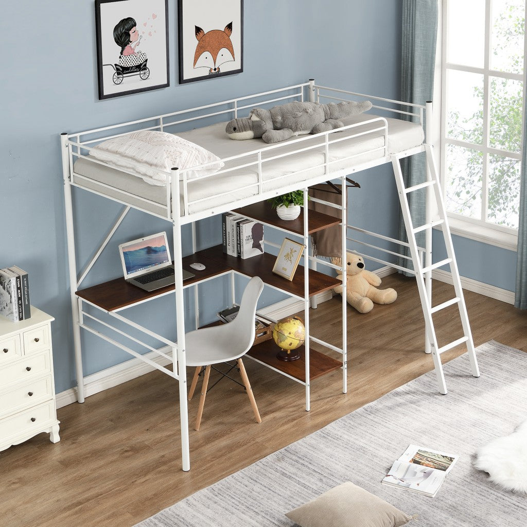 White Twin Size Metal Loft Bed With Desk and Shelves - Loft Beds