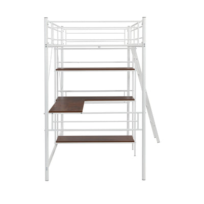 White Twin Size Metal Loft Bed With Desk and Shelves - Loft Beds