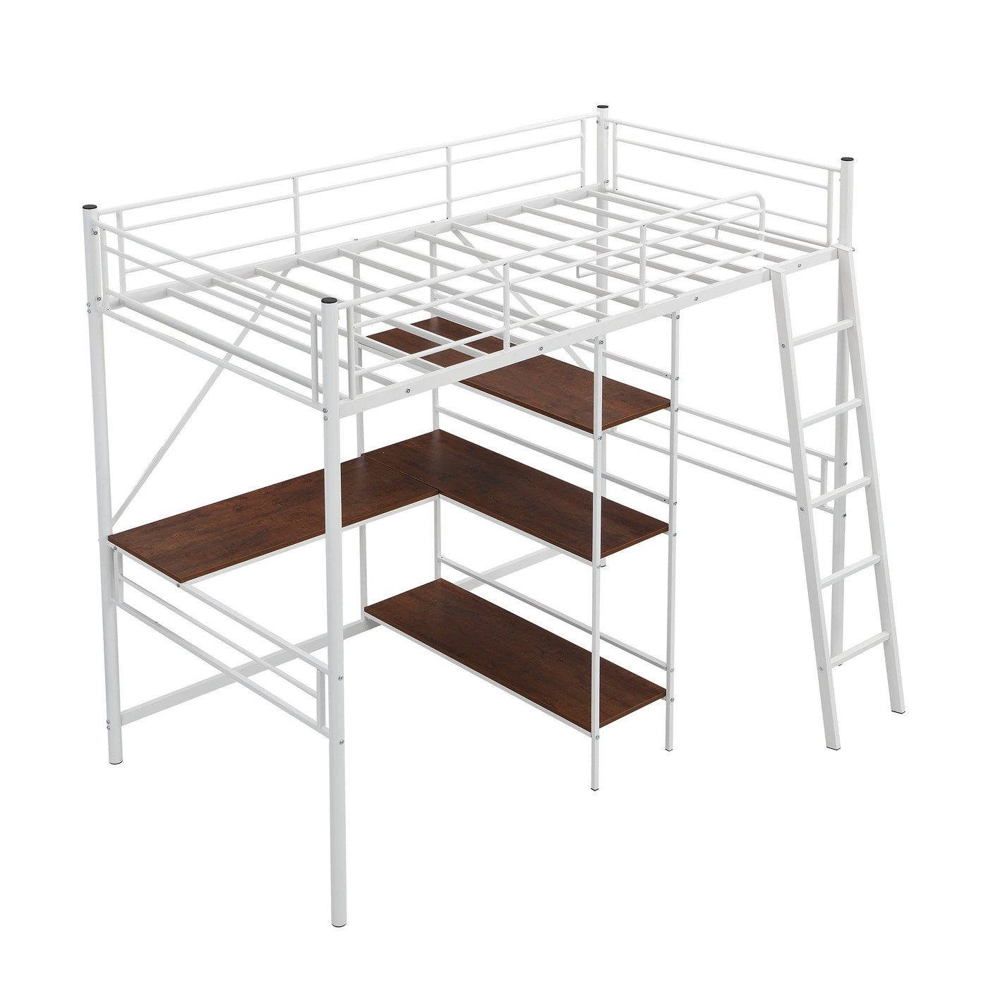 White Twin Size Metal Loft Bed With Desk and Shelves - Loft Beds