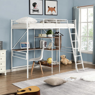 White Twin Size Metal Loft Bed With Desk and Shelves - Loft Beds