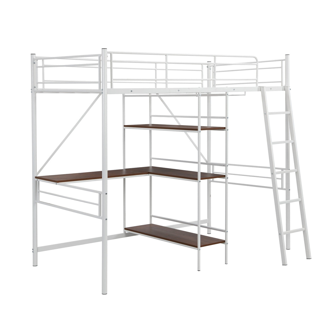 White Twin Size Metal Loft Bed With Desk and Shelves - Loft Beds