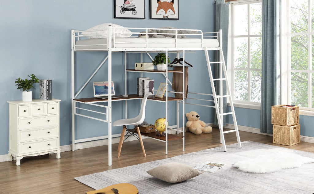 White Twin Size Metal Loft Bed With Desk and Shelves - Loft Beds