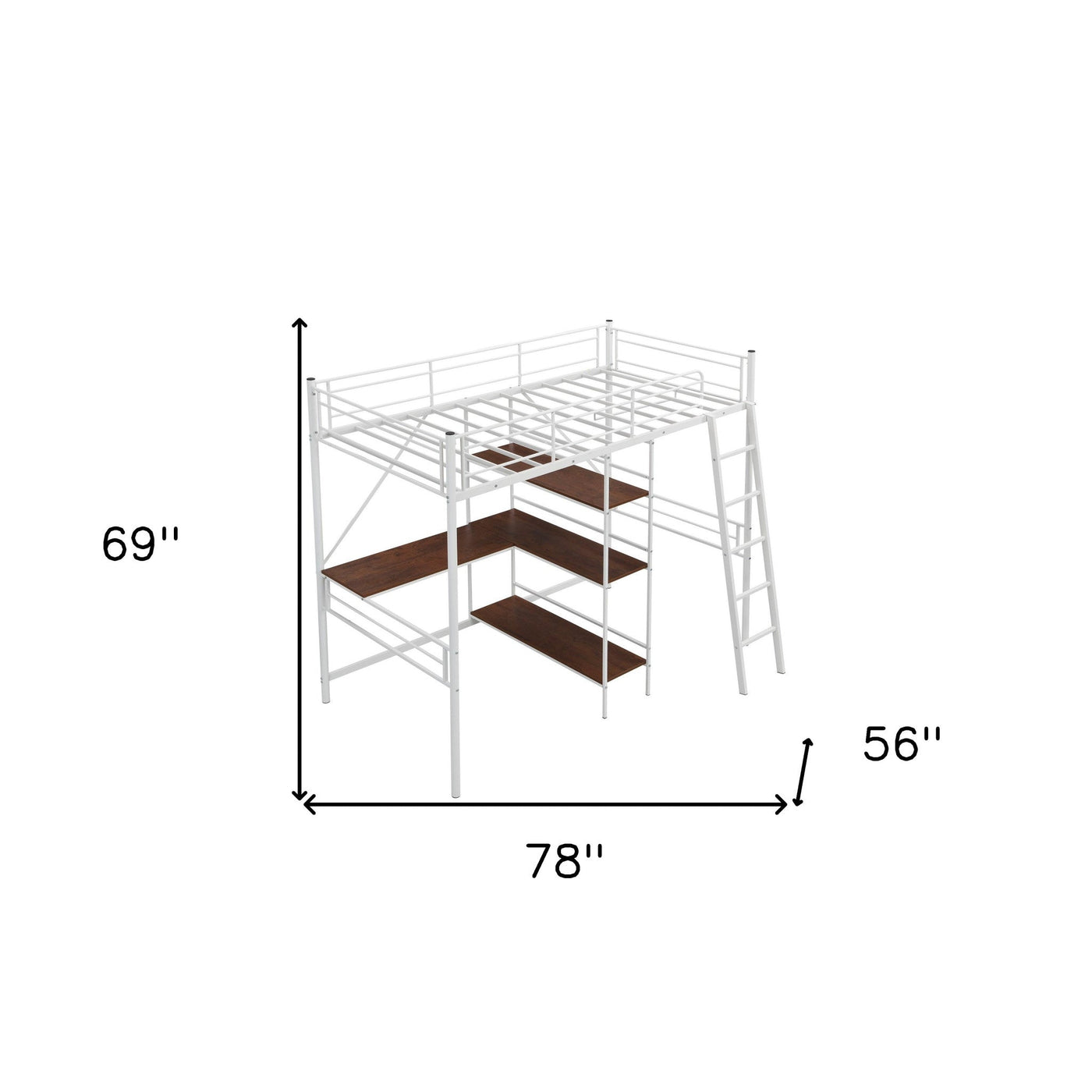 White Twin Size Metal Loft Bed With Desk and Shelves - Loft Beds