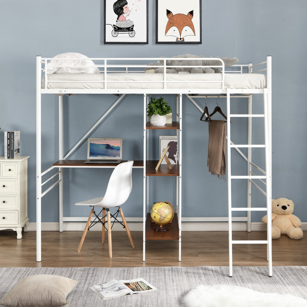 White Twin Size Metal Loft Bed With Desk and Shelves - Loft Beds