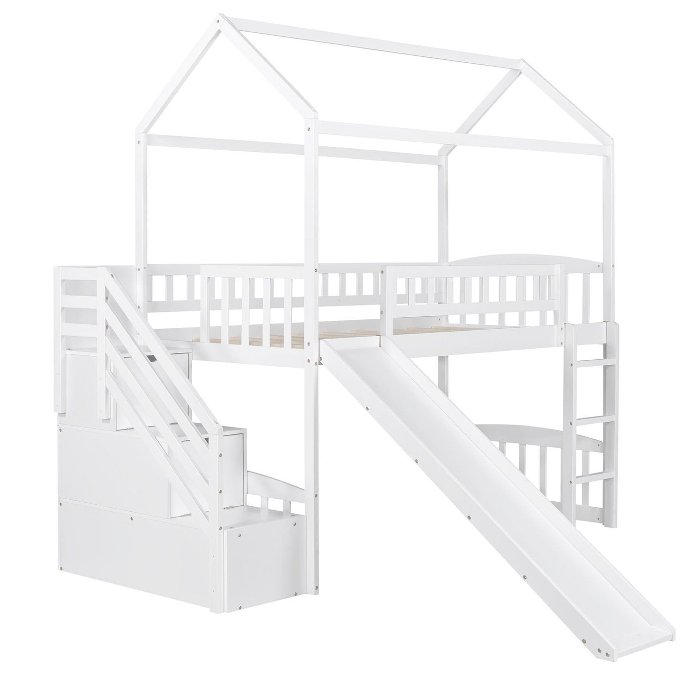 White Twin Size Playhouse Loft Bed With Drawers and Slide - Loft Beds