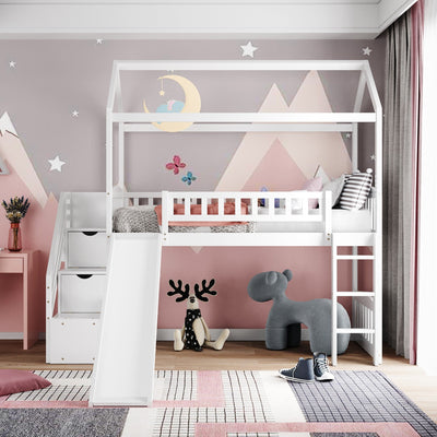 White Twin Size Playhouse Loft Bed With Drawers and Slide - Loft Beds