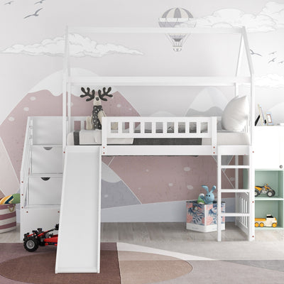 White Twin Size Playhouse Loft Bed With Drawers and Slide - Loft Beds