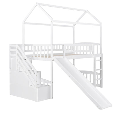 White Twin Size Playhouse Loft Bed With Drawers and Slide - Loft Beds