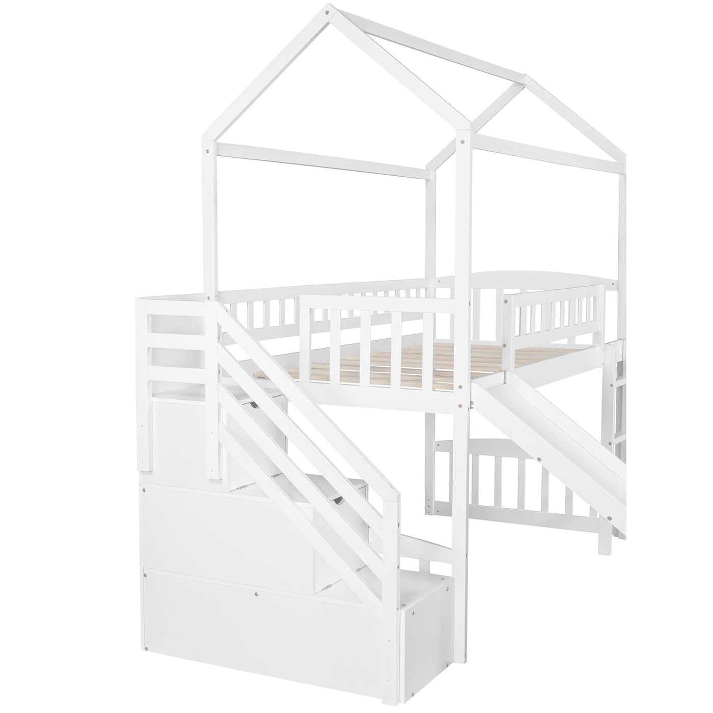 White Twin Size Playhouse Loft Bed With Drawers and Slide - Loft Beds