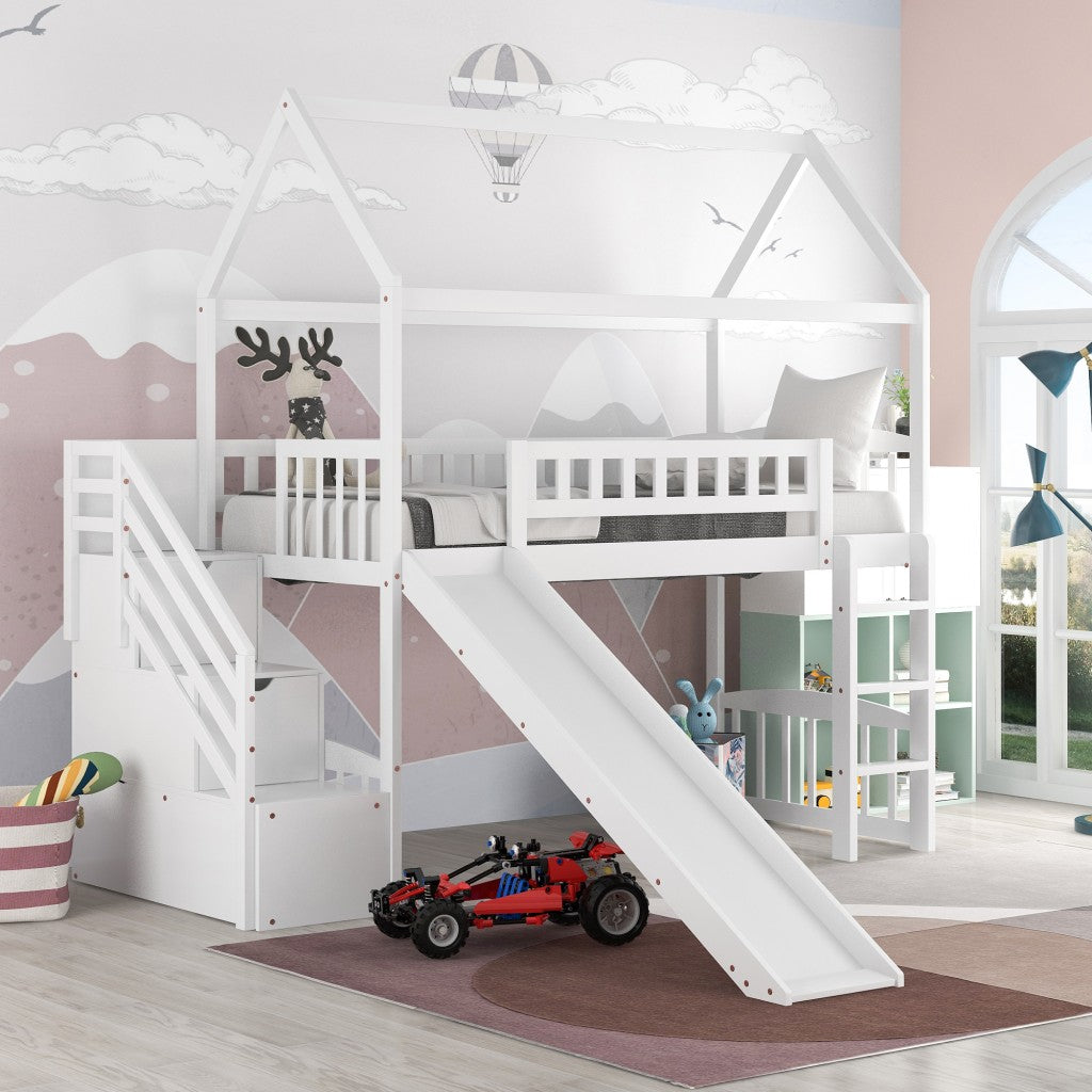 White Twin Size Playhouse Loft Bed With Drawers and Slide - Loft Beds