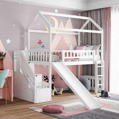 White Twin Size Playhouse Loft Bed With Drawers and Slide - Loft Beds