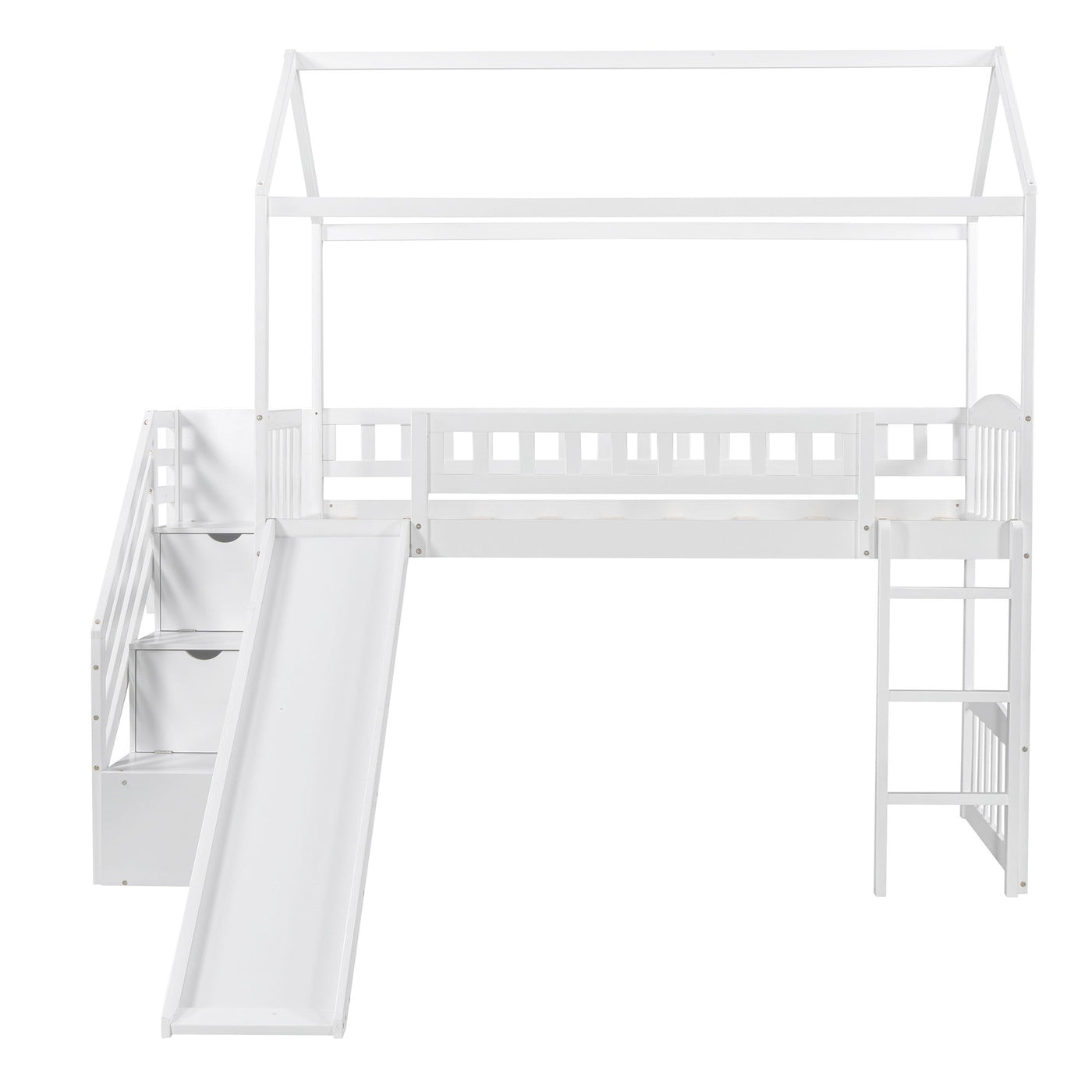 White Twin Size Playhouse Loft Bed With Drawers and Slide - Loft Beds