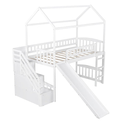 White Twin Size Playhouse Loft Bed With Drawers and Slide - Loft Beds