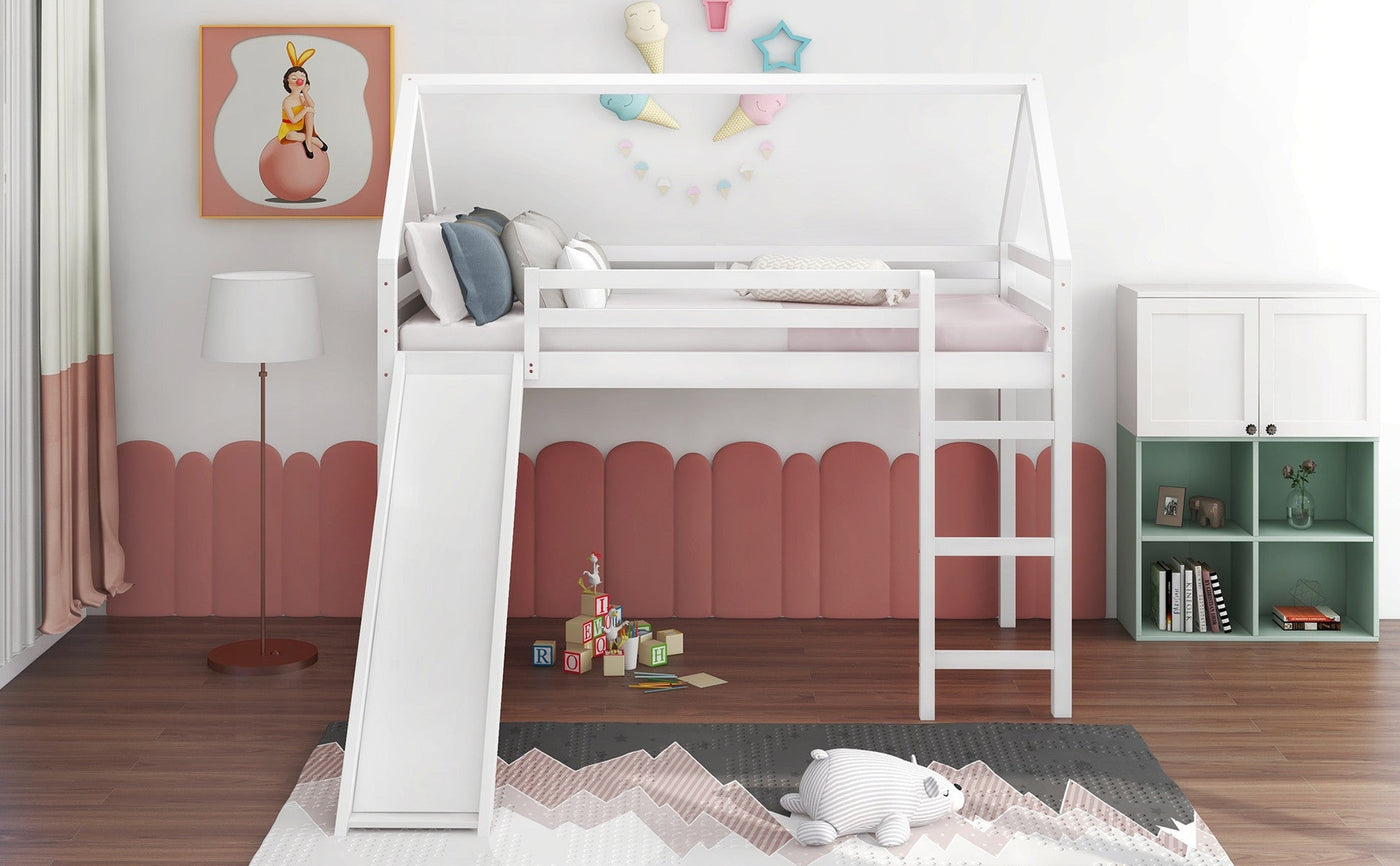 White Twin Size Slide House Loft Bed - Loft Beds