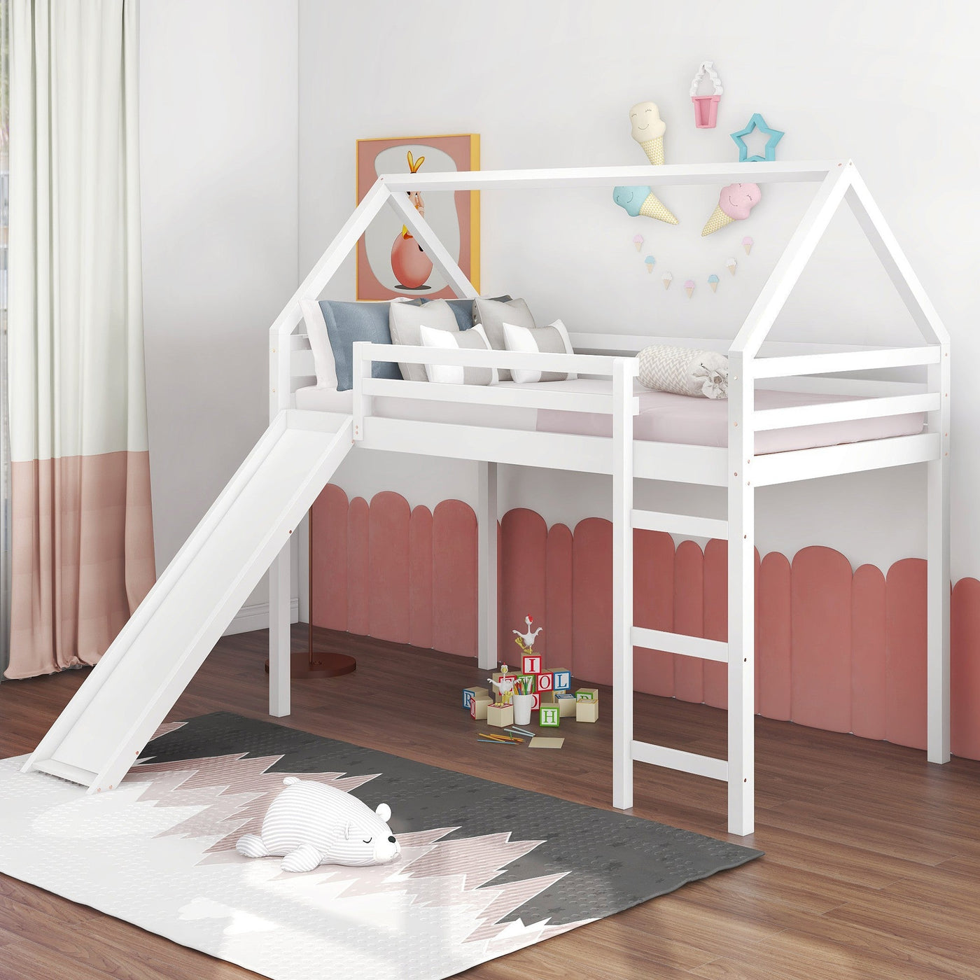 White Twin Size Slide House Loft Bed - Loft Beds