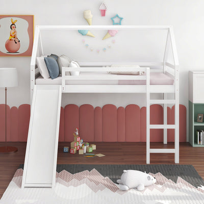 White Twin Size Slide House Loft Bed - Loft Beds