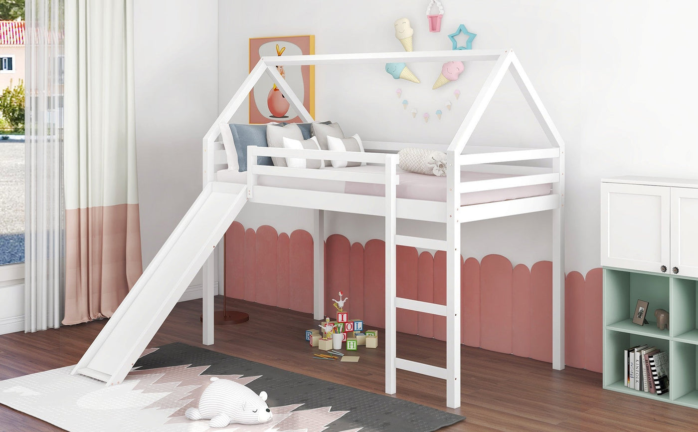 White Twin Size Slide House Loft Bed - Loft Beds