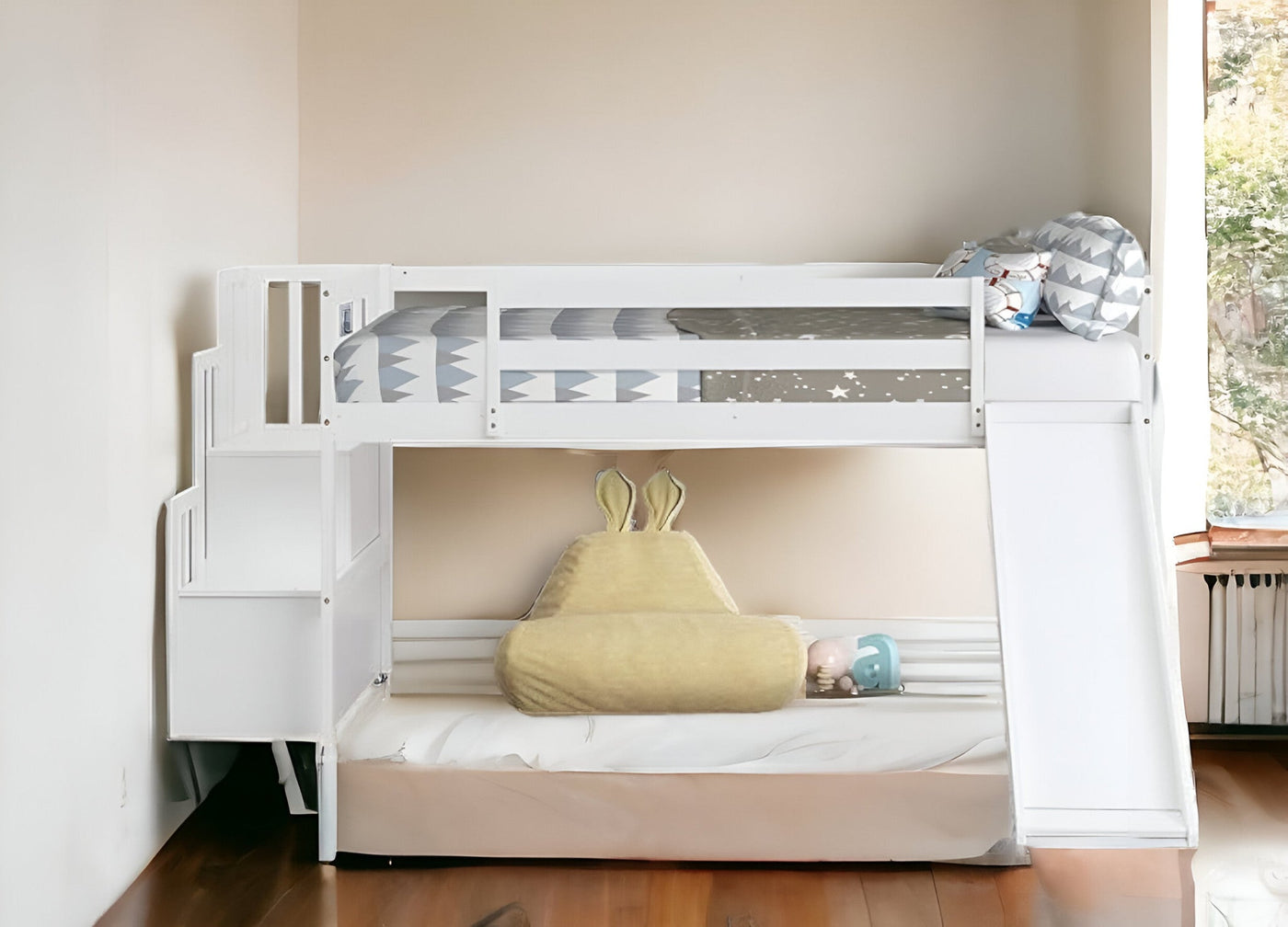 White Twin Traditional Manufactured Wood and Solid Wood Bunk Bed - Bunk Beds