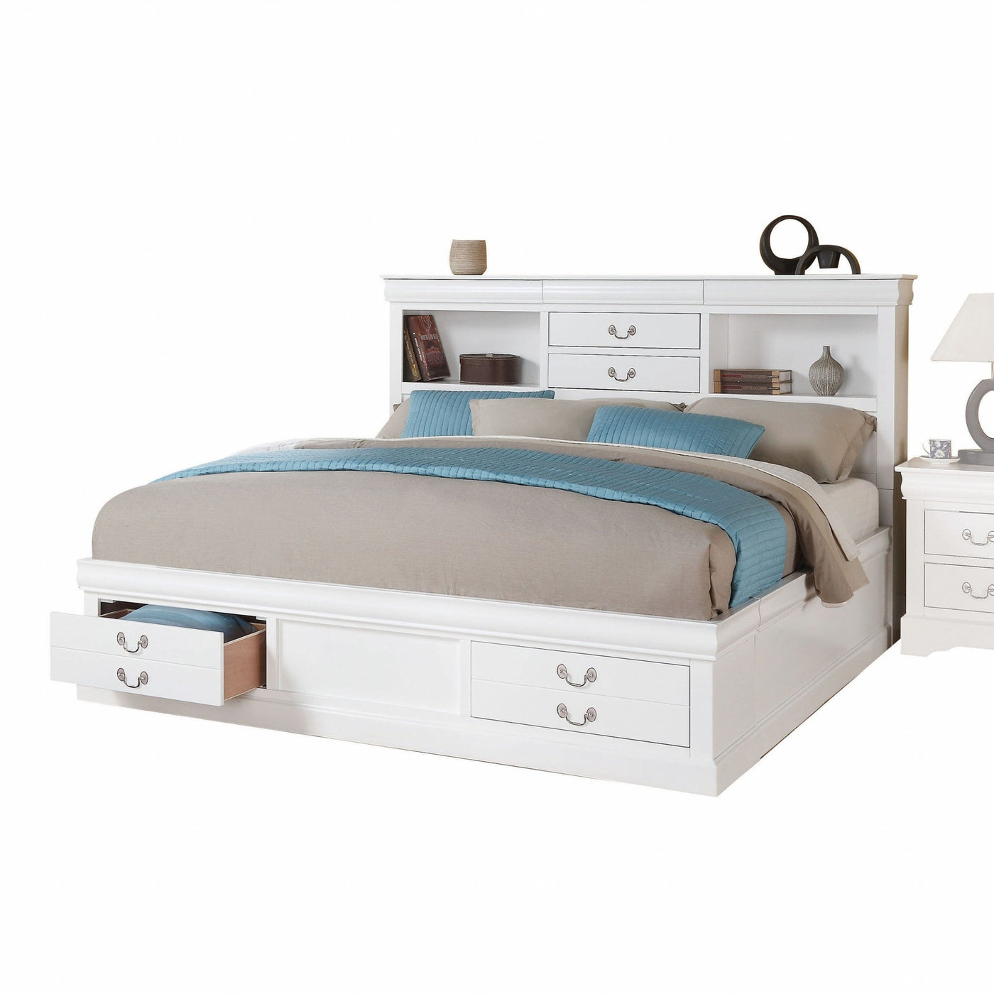 White Wooden Queen Bed With Storage - Standard Beds