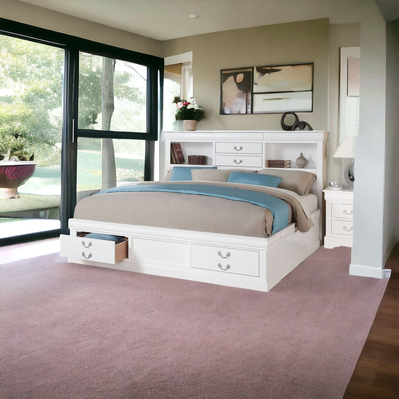 White Wooden Queen Bed With Storage - Standard Beds