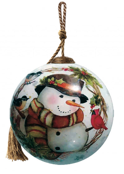 Winter Wreath Forest Snowman Hand Painted Mouth Blown Glass Ornament - Christmas Ornaments