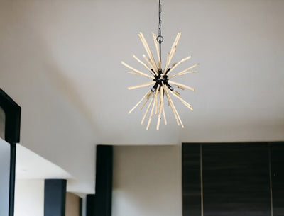 Wood And Metal Starburst Six Bulb Hanging Light - Chandeliers-Pendants-Hanging Lights