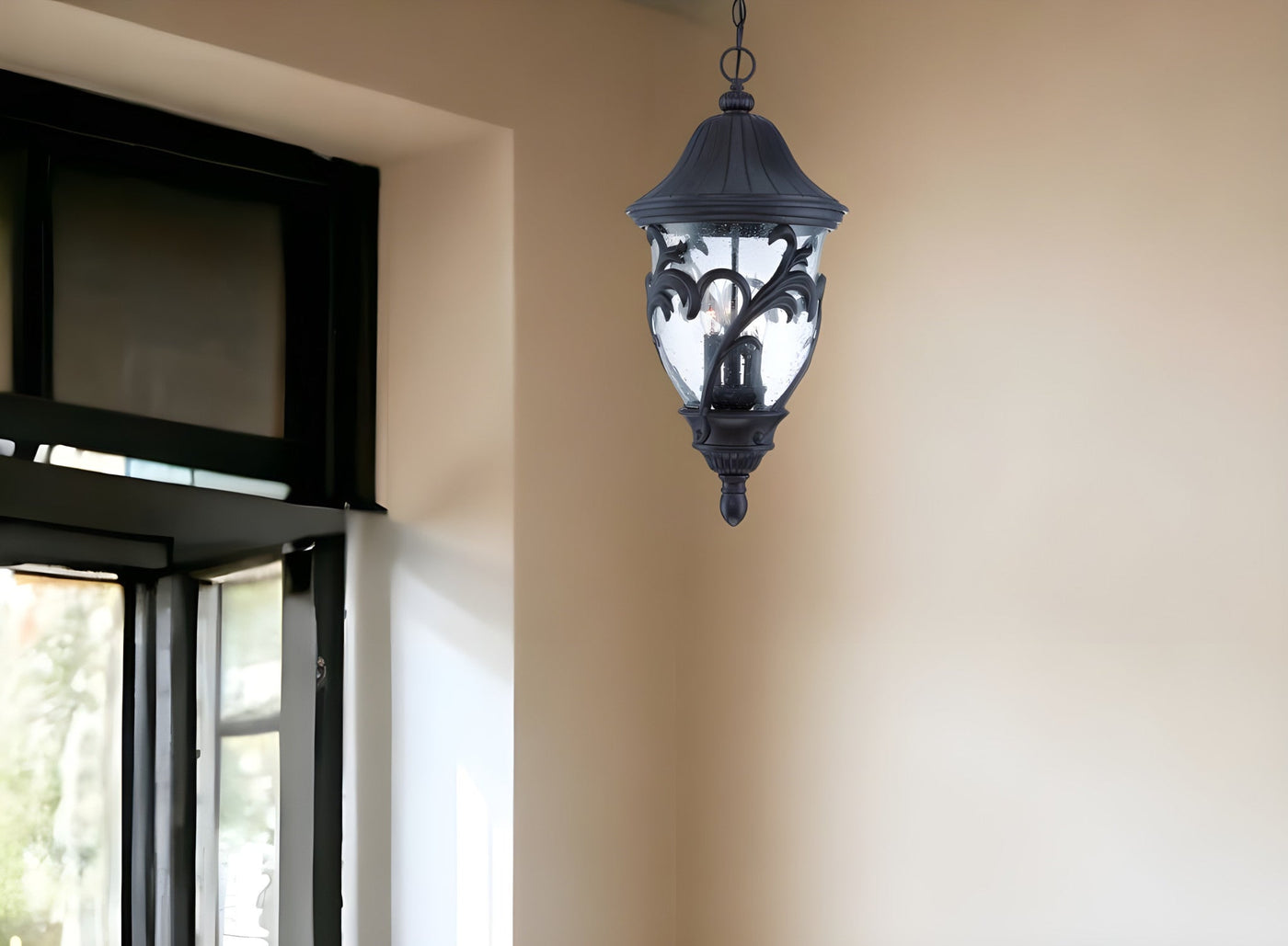 XL Three Light Matte Black Leaf Detail Hanging Light - Chandeliers-Pendants-Hanging Lights