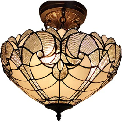 Yellow and Brown Two Light Tiffany Style Semi Flush Dimmable Ceiling Light - Chandeliers-Pendants-Hanging Lights