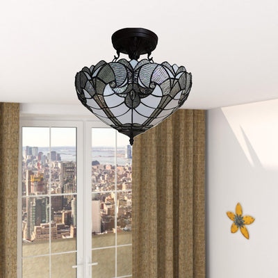 Yellow and Brown Two Light Tiffany Style Semi Flush Dimmable Ceiling Light - Chandeliers-Pendants-Hanging Lights