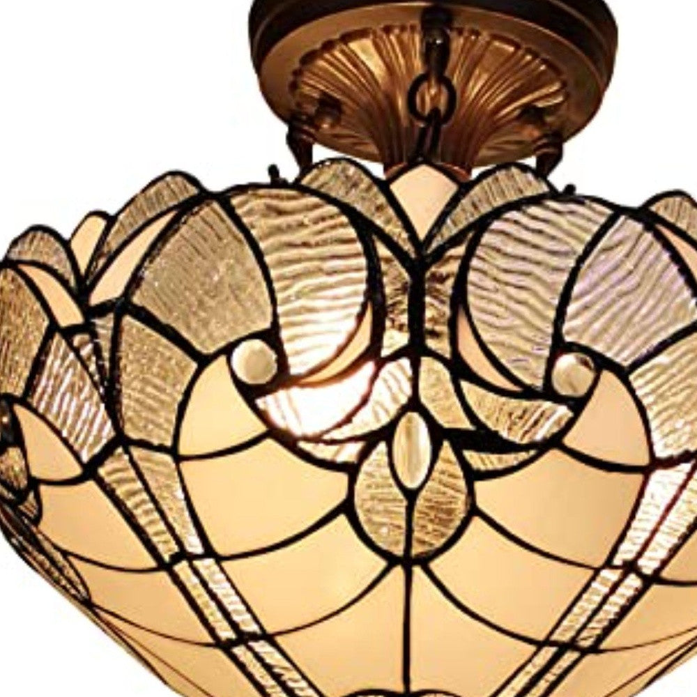 Yellow and Brown Two Light Tiffany Style Semi Flush Dimmable Ceiling Light - Chandeliers-Pendants-Hanging Lights